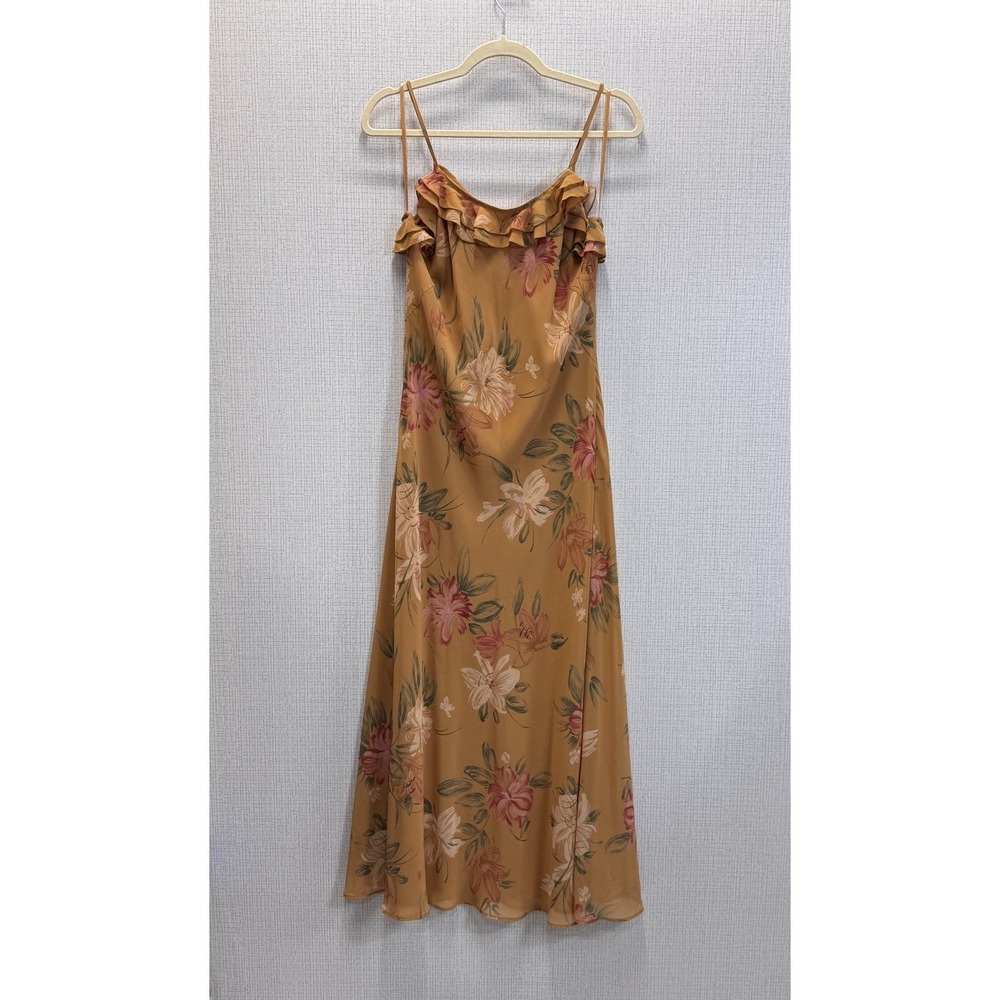 Jillian Jones Floral Ruffle Midi Dress Women 8 Mustard‎ Yellow Boho Cottagecore